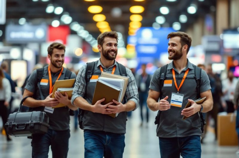 Une équipe de techniciens de l’impression se déplace dans un hall d’exposition, avec des valises et du matériel de démonstration.