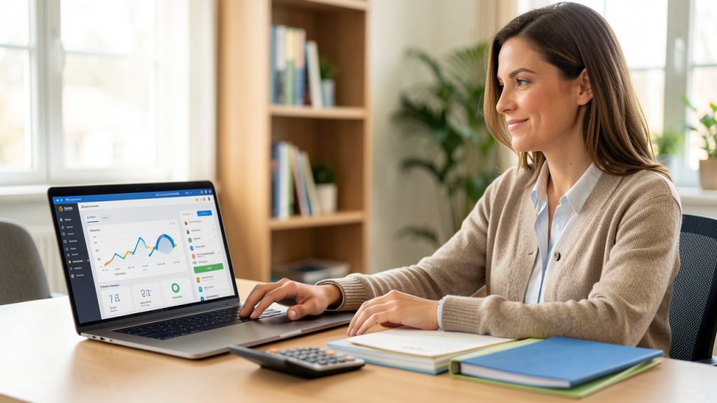 Dirigeante de petite entreprise examinant une campagne publicitaire numérique abstraite sur un ordinateur portable, avec une calculatrice et des dossiers de devis dans un bureau lumineux.
