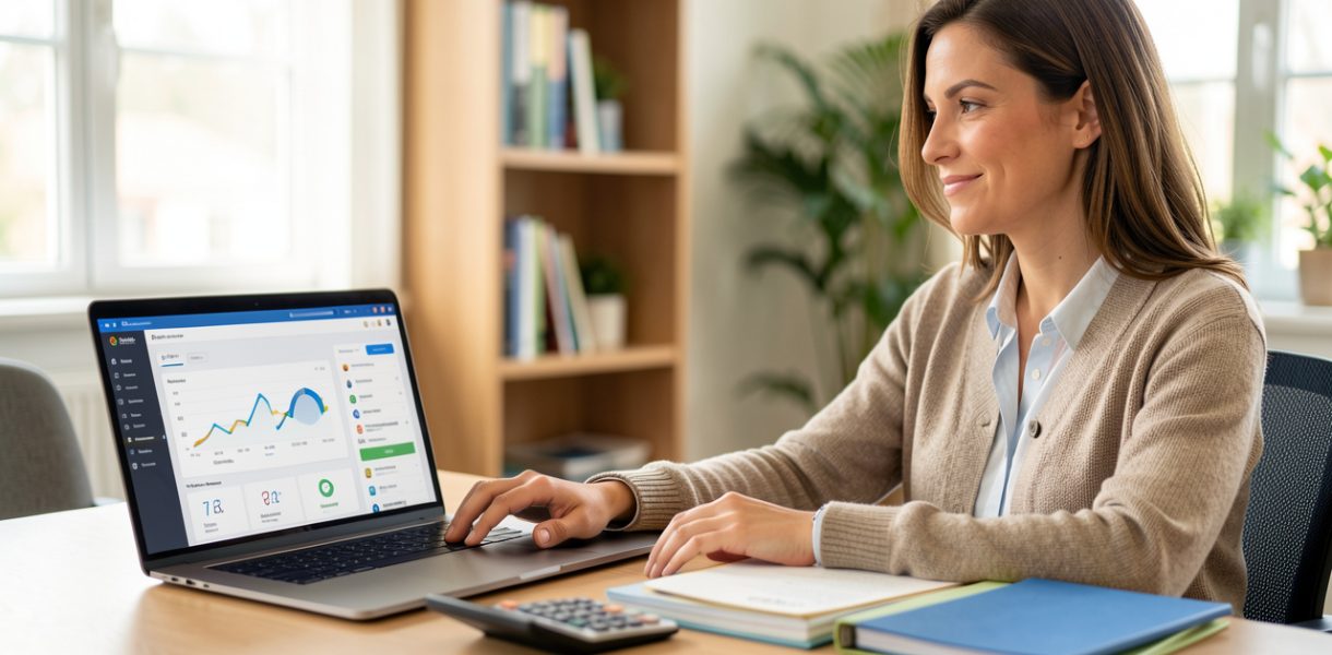 Dirigeante de petite entreprise examinant une campagne publicitaire numérique abstraite sur un ordinateur portable, avec une calculatrice et des dossiers de devis dans un bureau lumineux.