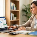 Dirigeante de petite entreprise examinant une campagne publicitaire numérique abstraite sur un ordinateur portable, avec une calculatrice et des dossiers de devis dans un bureau lumineux.