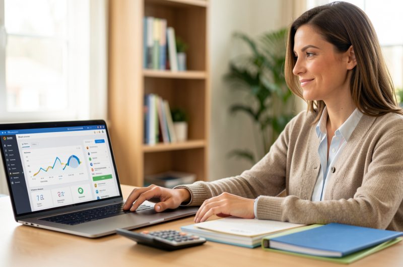 Dirigeante de petite entreprise examinant une campagne publicitaire numérique abstraite sur un ordinateur portable, avec une calculatrice et des dossiers de devis dans un bureau lumineux.