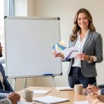 Une femme présente un concept de changement d’identité visuelle à une équipe dans un bureau moderne, avec des supports vierges sans inscription.