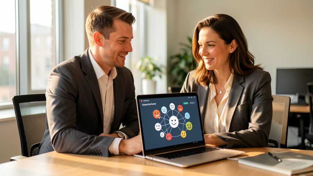 Un homme et une femme en tenue professionnelle collaborent dans un bureau moderne autour d’un ordinateur, illustrant la transformation de l’engagement numérique en rendez-vous commerciaux.