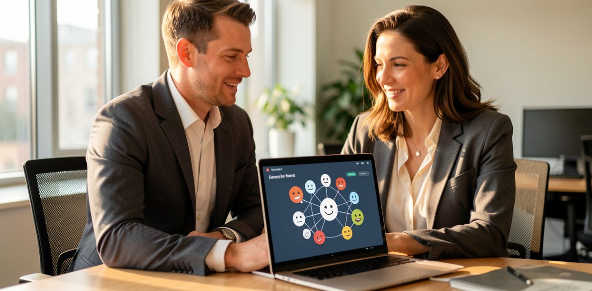 Un homme et une femme en tenue professionnelle collaborent dans un bureau moderne autour d’un ordinateur, illustrant la transformation de l’engagement numérique en rendez-vous commerciaux.