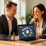 Un homme et une femme en tenue professionnelle collaborent dans un bureau moderne autour d’un ordinateur, illustrant la transformation de l’engagement numérique en rendez-vous commerciaux.