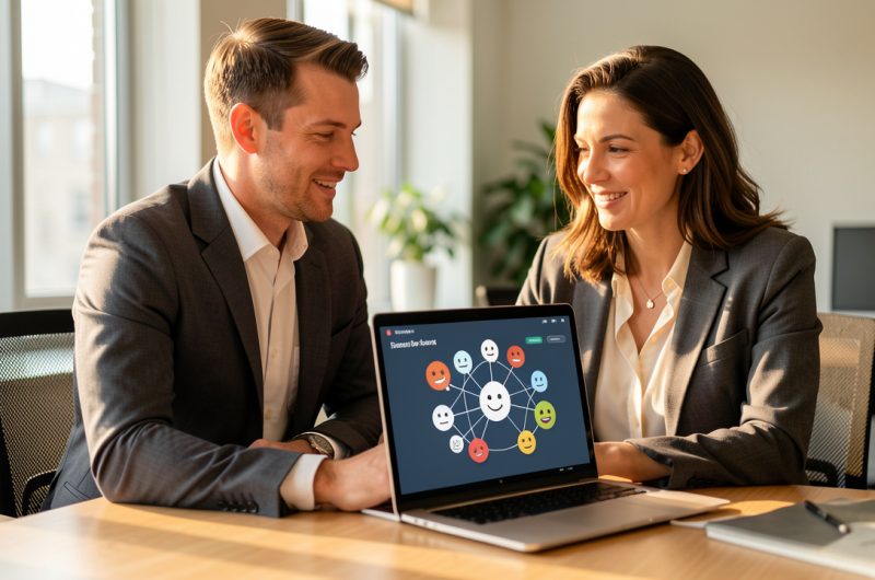 Un homme et une femme en tenue professionnelle collaborent dans un bureau moderne autour d’un ordinateur, illustrant la transformation de l’engagement numérique en rendez-vous commerciaux.