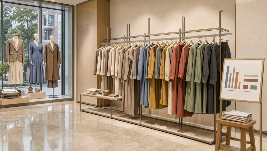 Intérieur réaliste et professionnel d’un magasin français de prêt-à-porter avec vitrines, vêtements soigneusement présentés, panneaux promotionnels vierges et tableau de suivi des ventes composé de graphiques abstraits colorés.