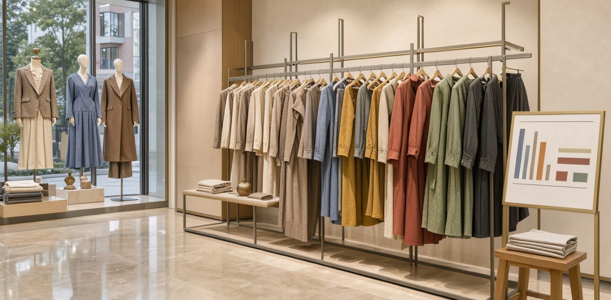 Intérieur réaliste et professionnel d’un magasin français de prêt-à-porter avec vitrines, vêtements soigneusement présentés, panneaux promotionnels vierges et tableau de suivi des ventes composé de graphiques abstraits colorés.