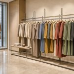 Intérieur réaliste et professionnel d’un magasin français de prêt-à-porter avec vitrines, vêtements soigneusement présentés, panneaux promotionnels vierges et tableau de suivi des ventes composé de graphiques abstraits colorés.