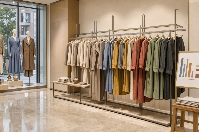 Intérieur réaliste et professionnel d’un magasin français de prêt-à-porter avec vitrines, vêtements soigneusement présentés, panneaux promotionnels vierges et tableau de suivi des ventes composé de graphiques abstraits colorés.