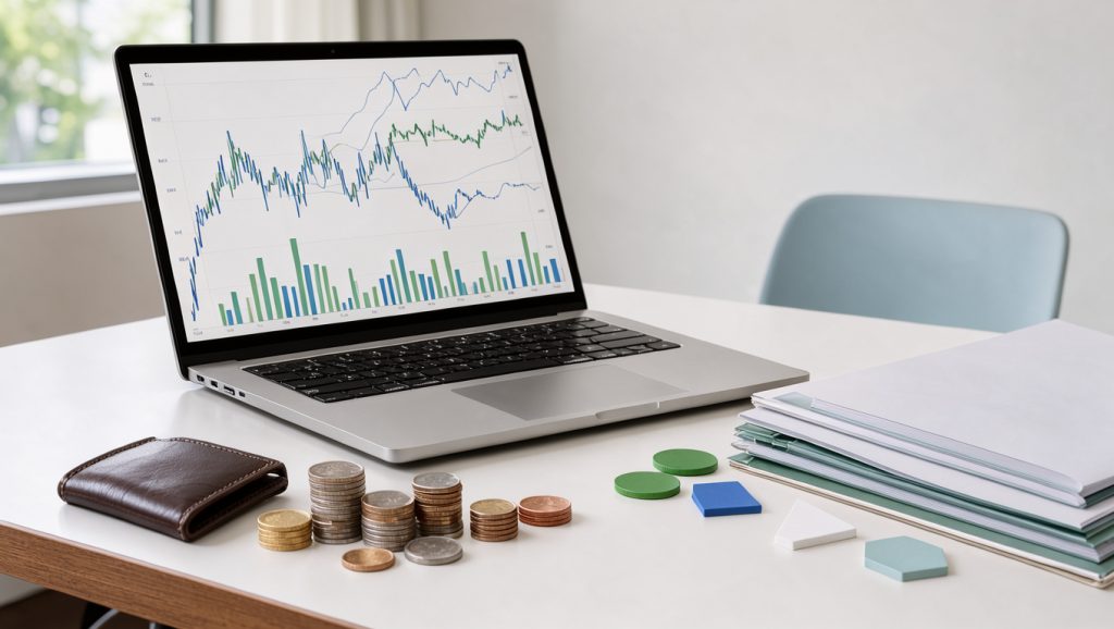 Bureau lumineux et épuré avec ordinateur portable, graphiques financiers abstraits, pièces, portefeuille et éléments représentant un portefeuille diversifié.