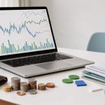 Bureau lumineux et épuré avec ordinateur portable, graphiques financiers abstraits, pièces, portefeuille et éléments représentant un portefeuille diversifié.