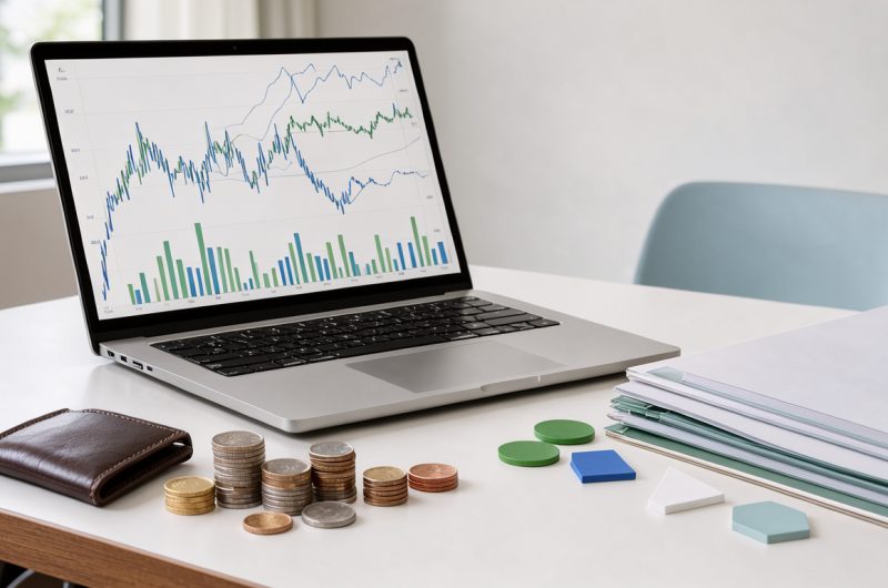 Bureau lumineux et épuré avec ordinateur portable, graphiques financiers abstraits, pièces, portefeuille et éléments représentant un portefeuille diversifié.