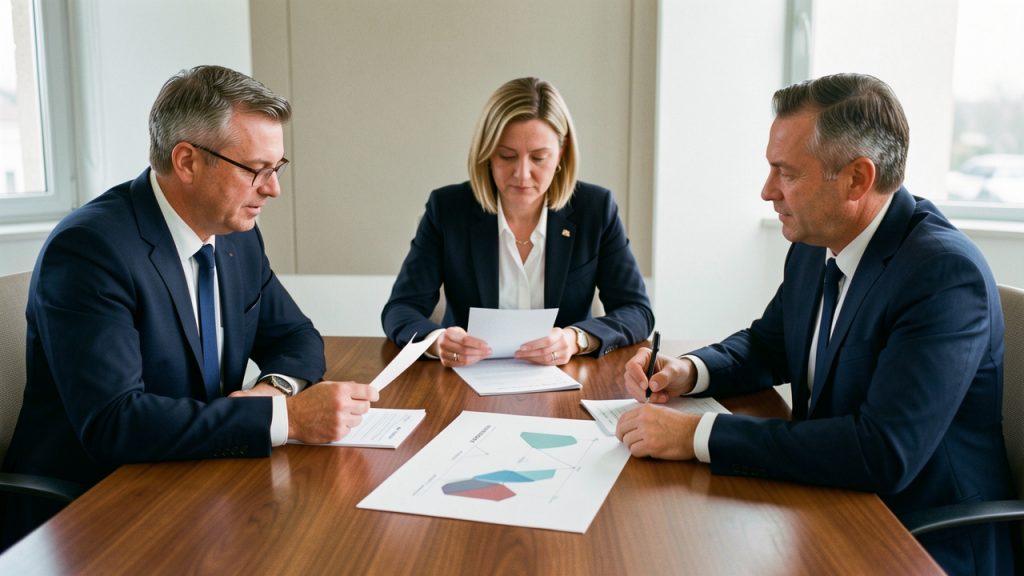 Réunion sobre de trois administrateurs dans une salle de conseil de cliniques privées, examinant des documents financiers et un plan d’investissement abstrait.