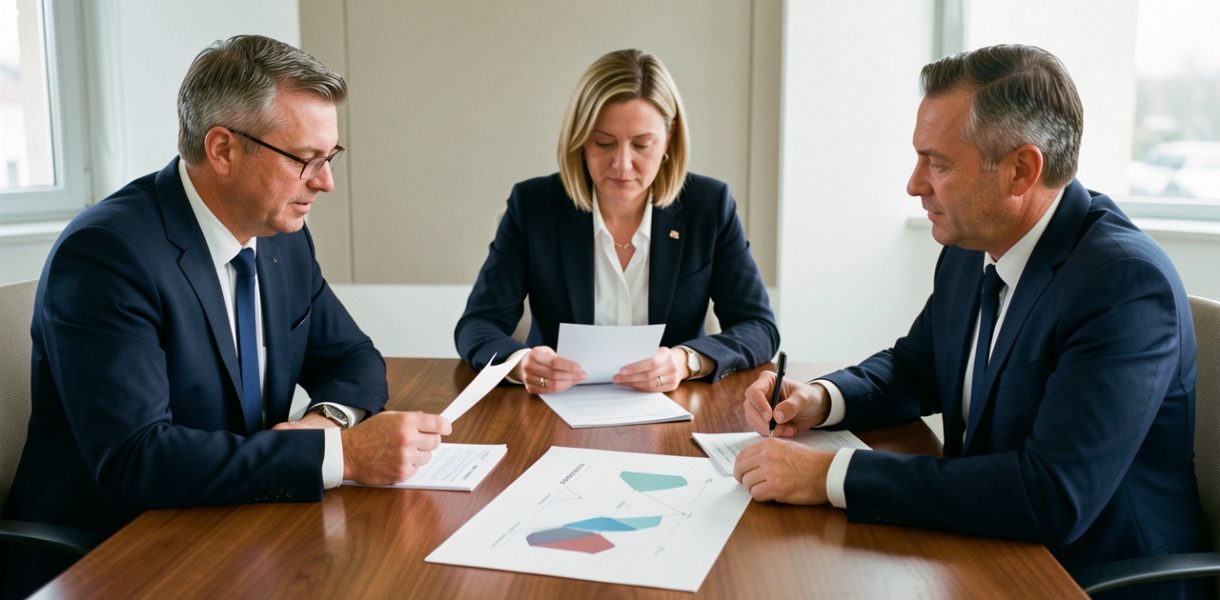 Réunion sobre de trois administrateurs dans une salle de conseil de cliniques privées, examinant des documents financiers et un plan d’investissement abstrait.