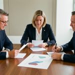 Réunion sobre de trois administrateurs dans une salle de conseil de cliniques privées, examinant des documents financiers et un plan d’investissement abstrait.
