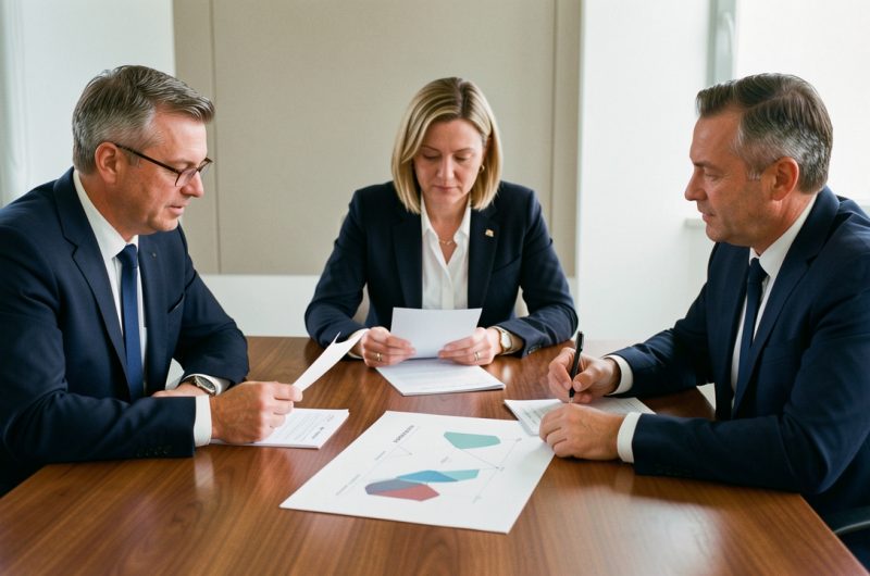Réunion sobre de trois administrateurs dans une salle de conseil de cliniques privées, examinant des documents financiers et un plan d’investissement abstrait.